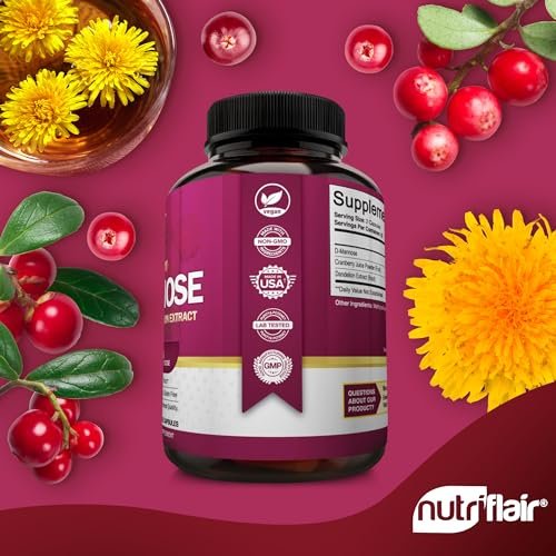NutriFlair D-Mannose 120 Kapseln, 1500 mg – mit Cranberry und Löwenzahnextrakt – Unterstützung für die natürliche Harnwegsgesundheit – Bestes D-Mannose-Pulver – Spülen Sie Verunreinigungen aus, entgiften Sie den Körper, für Frauen und Männer