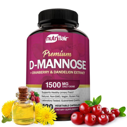 NutriFlair D-Mannose 120 Kapseln, 1500 mg – mit Cranberry und Löwenzahnextrakt – Unterstützung für die natürliche Harnwegsgesundheit – Bestes D-Mannose-Pulver – Spülen Sie Verunreinigungen aus, entgiften Sie den Körper, für Frauen und Männer