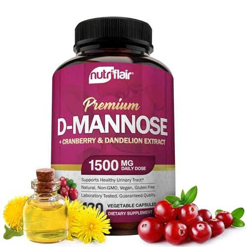NutriFlair D-Mannose 120 Kapseln, 1500 mg – mit Cranberry und Löwenzahnextrakt – Unterstützung für die natürliche Harnwegsgesundheit – Bestes D-Mannose-Pulver – Spülen Sie Verunreinigungen aus, entgiften Sie den Körper, für Frauen und Männer
