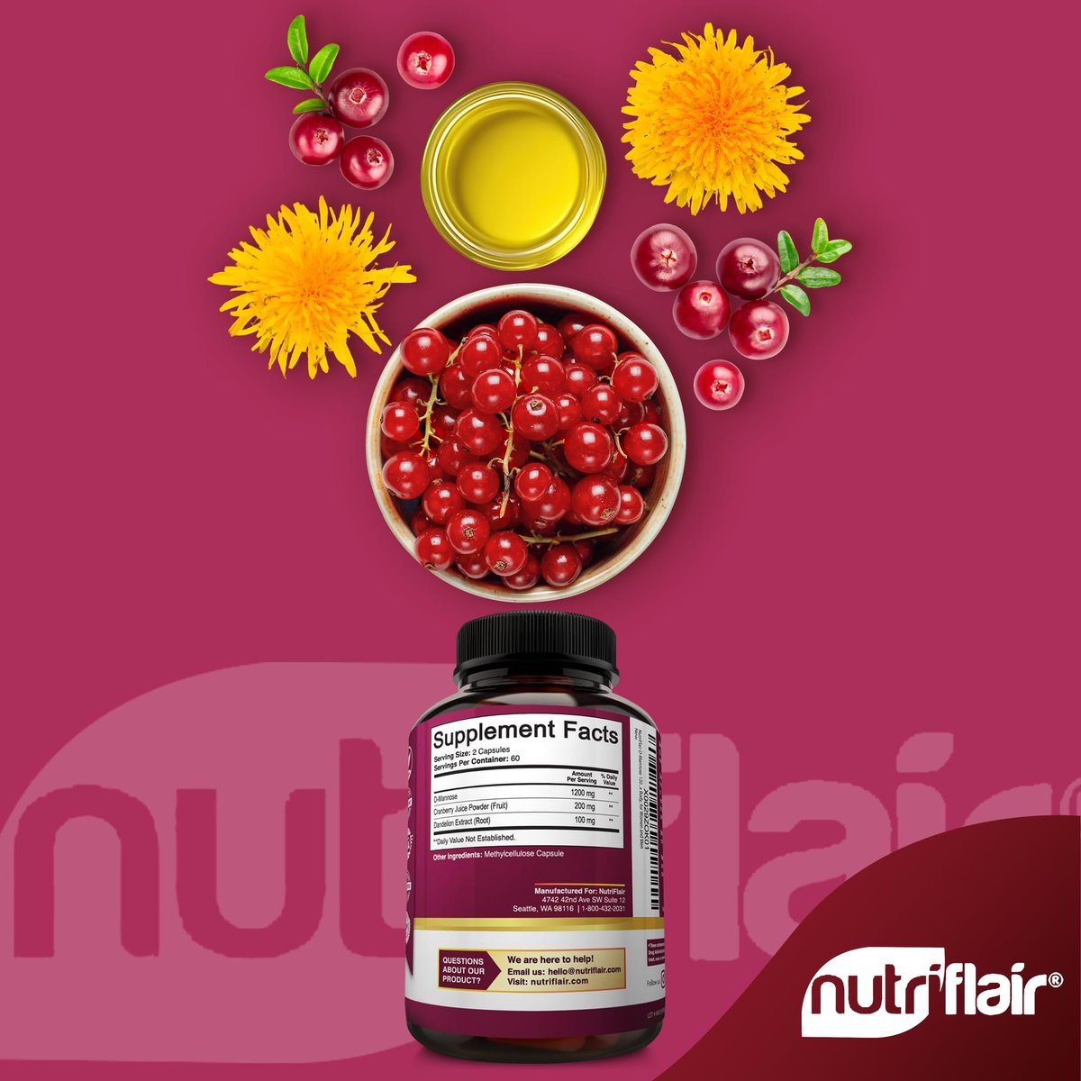 NutriFlair D-Mannose 120 Kapseln, 1500 mg – mit Cranberry und Löwenzahnextrakt – Unterstützung für die natürliche Harnwegsgesundheit – Bestes D-Mannose-Pulver – Spülen Sie Verunreinigungen aus, entgiften Sie den Körper, für Frauen und Männer