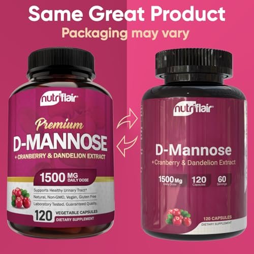 NutriFlair D-Mannose 120 Kapseln, 1500 mg – mit Cranberry und Löwenzahnextrakt – Unterstützung für die natürliche Harnwegsgesundheit – Bestes D-Mannose-Pulver – Spülen Sie Verunreinigungen aus, entgiften Sie den Körper, für Frauen und Männer