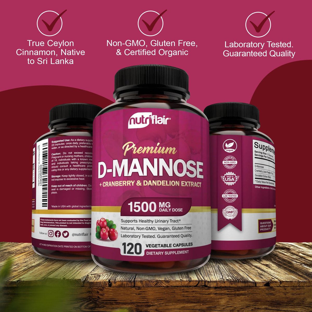 NutriFlair D-Mannose 120 Kapseln, 1500 mg – mit Cranberry und Löwenzahnextrakt – Unterstützung für die natürliche Harnwegsgesundheit – Bestes D-Mannose-Pulver – Spülen Sie Verunreinigungen aus, entgiften Sie den Körper, für Frauen und Männer