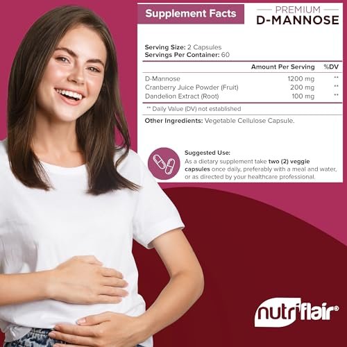 NutriFlair D-Mannose 120 Kapseln, 1500 mg – mit Cranberry und Löwenzahnextrakt – Unterstützung für die natürliche Harnwegsgesundheit – Bestes D-Mannose-Pulver – Spülen Sie Verunreinigungen aus, entgiften Sie den Körper, für Frauen und Männer