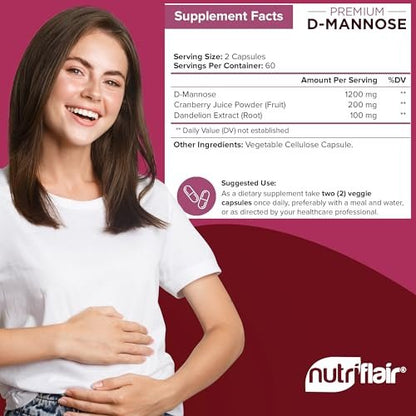 NutriFlair D-Mannose 120 Kapseln, 1500 mg – mit Cranberry und Löwenzahnextrakt – Unterstützung für die natürliche Harnwegsgesundheit – Bestes D-Mannose-Pulver – Spülen Sie Verunreinigungen aus, entgiften Sie den Körper, für Frauen und Männer