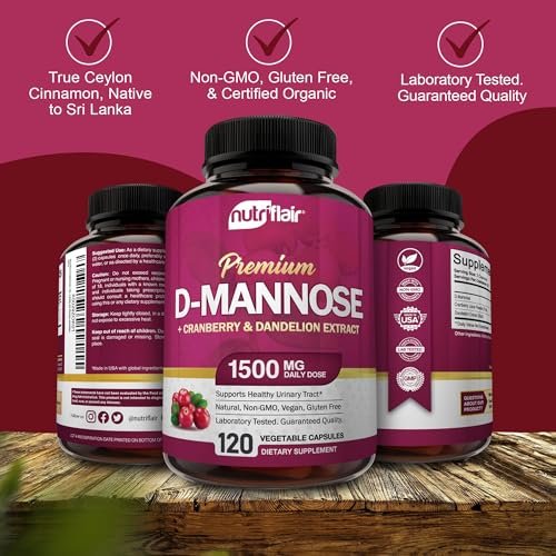 NutriFlair D-Mannose 120 Kapseln, 1500 mg – mit Cranberry und Löwenzahnextrakt – Unterstützung für die natürliche Harnwegsgesundheit – Bestes D-Mannose-Pulver – Spülen Sie Verunreinigungen aus, entgiften Sie den Körper, für Frauen und Männer
