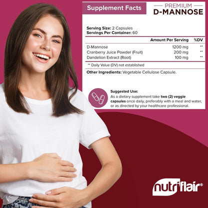 NutriFlair D-Mannose 120 Kapseln, 1500 mg – mit Cranberry und Löwenzahnextrakt – Unterstützung für die natürliche Harnwegsgesundheit – Bestes D-Mannose-Pulver – Spülen Sie Verunreinigungen aus, entgiften Sie den Körper, für Frauen und Männer