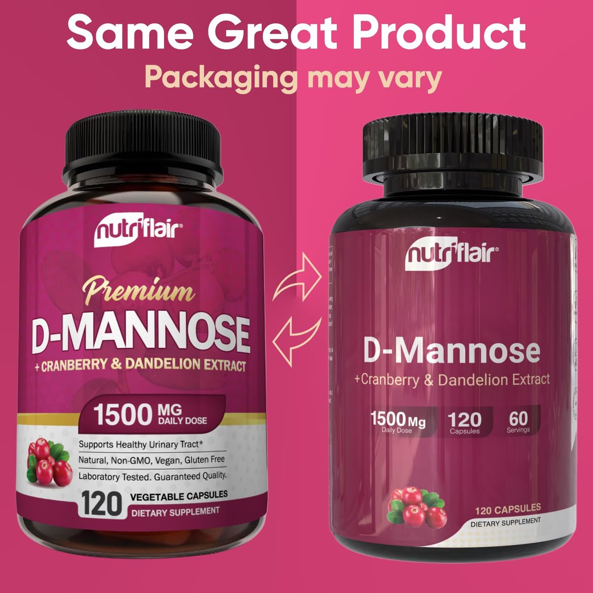 NutriFlair D-Mannose 120 Kapseln, 1500 mg – mit Cranberry und Löwenzahnextrakt – Unterstützung für die natürliche Harnwegsgesundheit – Bestes D-Mannose-Pulver – Spülen Sie Verunreinigungen aus, entgiften Sie den Körper, für Frauen und Männer