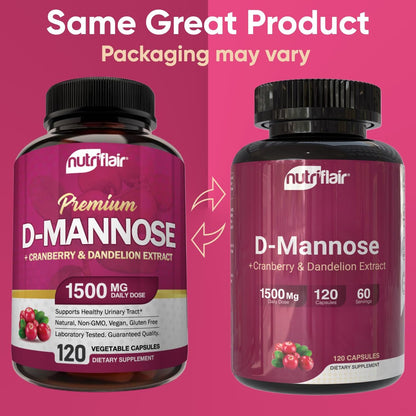 NutriFlair D-Mannose 120 Kapseln, 1500 mg – mit Cranberry und Löwenzahnextrakt – Unterstützung für die natürliche Harnwegsgesundheit – Bestes D-Mannose-Pulver – Spülen Sie Verunreinigungen aus, entgiften Sie den Körper, für Frauen und Männer