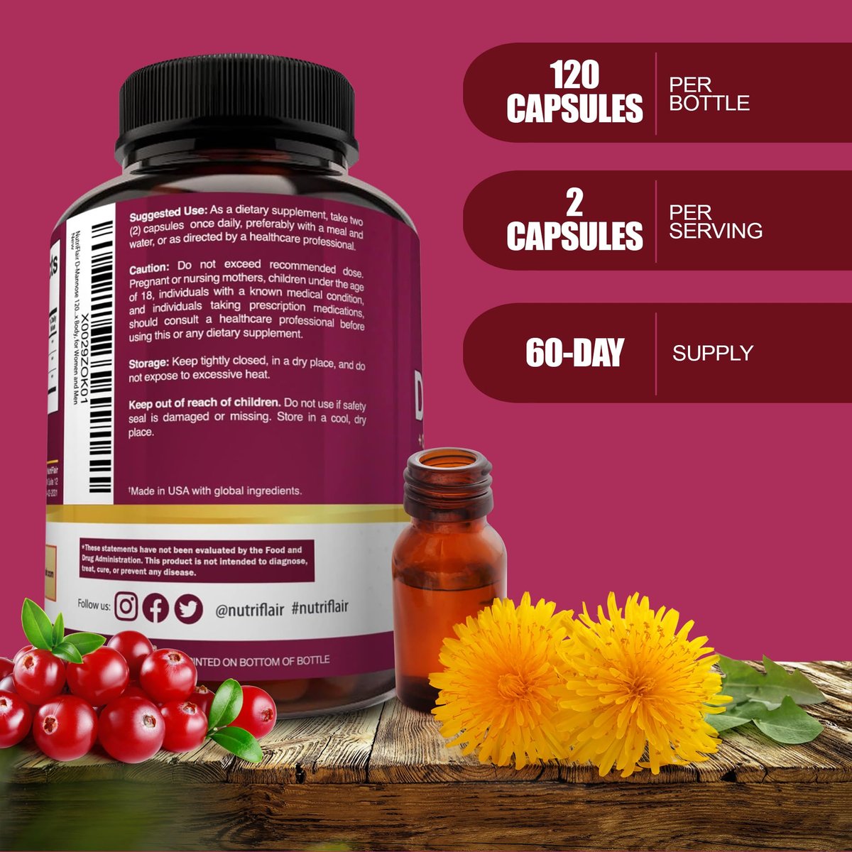 NutriFlair D-Mannose 120 Kapseln, 1500 mg – mit Cranberry und Löwenzahnextrakt – Unterstützung für die natürliche Harnwegsgesundheit – Bestes D-Mannose-Pulver – Spülen Sie Verunreinigungen aus, entgiften Sie den Körper, für Frauen und Männer