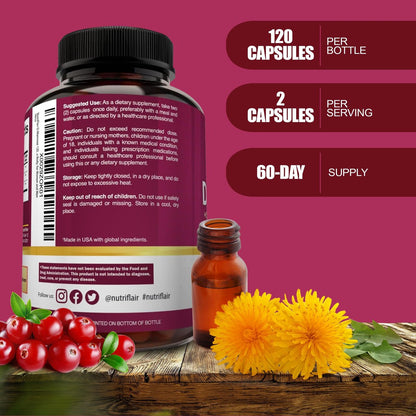 NutriFlair D-Mannose 120 Kapseln, 1500 mg – mit Cranberry und Löwenzahnextrakt – Unterstützung für die natürliche Harnwegsgesundheit – Bestes D-Mannose-Pulver – Spülen Sie Verunreinigungen aus, entgiften Sie den Körper, für Frauen und Männer
