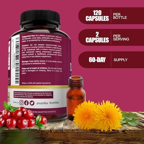 NutriFlair D-Mannose 120 Kapseln, 1500 mg – mit Cranberry und Löwenzahnextrakt – Unterstützung für die natürliche Harnwegsgesundheit – Bestes D-Mannose-Pulver – Spülen Sie Verunreinigungen aus, entgiften Sie den Körper, für Frauen und Männer