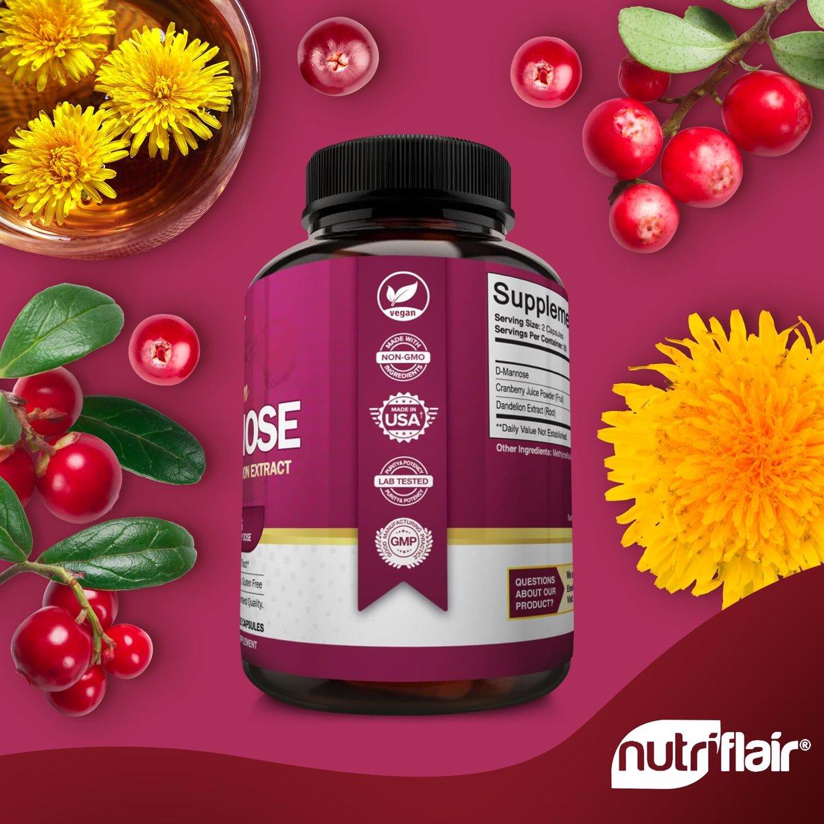 NutriFlair D-Mannose 120 Kapseln, 1500 mg – mit Cranberry und Löwenzahnextrakt – Unterstützung für die natürliche Harnwegsgesundheit – Bestes D-Mannose-Pulver – Spülen Sie Verunreinigungen aus, entgiften Sie den Körper, für Frauen und Männer