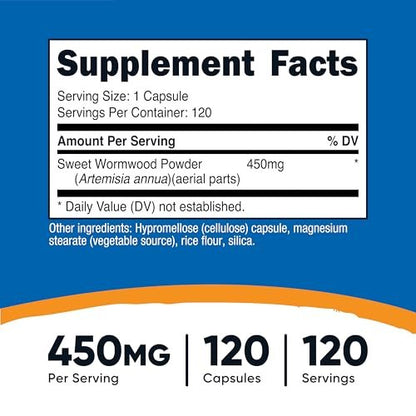 Nutricost Wermut Kapseln 450 mg, 120 Kapseln – Vegetarische Kapseln, Glutenfrei & Nicht-GVO