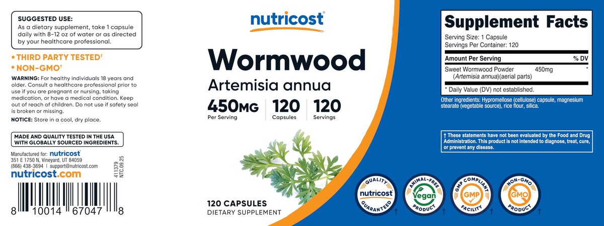Nutricost Wermut Kapseln 450 mg, 120 Kapseln – Vegetarische Kapseln, Glutenfrei & Nicht-GVO
