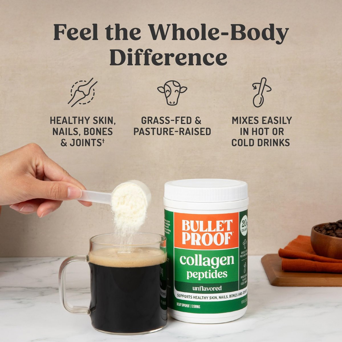 Bulletproof Unflavored Collagen Peptides Pulver – 20 g grasgefüttertes Kollagenprotein & Aminosäuren für Haut, Knochen & Gelenke, 240 g