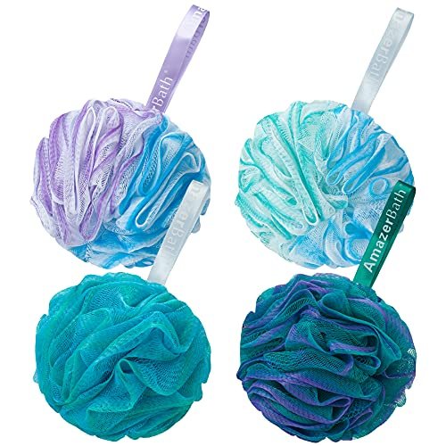 AmazerBath Loofah Schwamm 75g/Stück, Peeling-Badeschwamm Körperpeeling - Loofa Set mit 4 Blumenfarben (Groß, Grün-Lila)