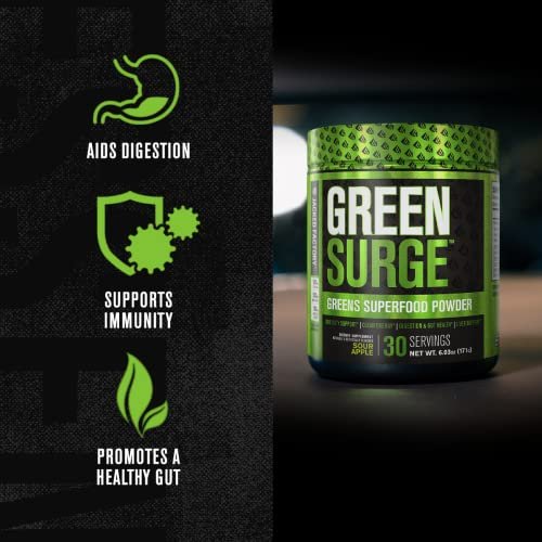Jacked Factory Green Surge – Grünes Superfood-Pulver mit Spirulina, Weizen- & Gerstengras, Bio-Grüns, Grüntee-Extrakt, Probiotika & Verdauungsenzyme – Sauerapfel, 30 Portionen