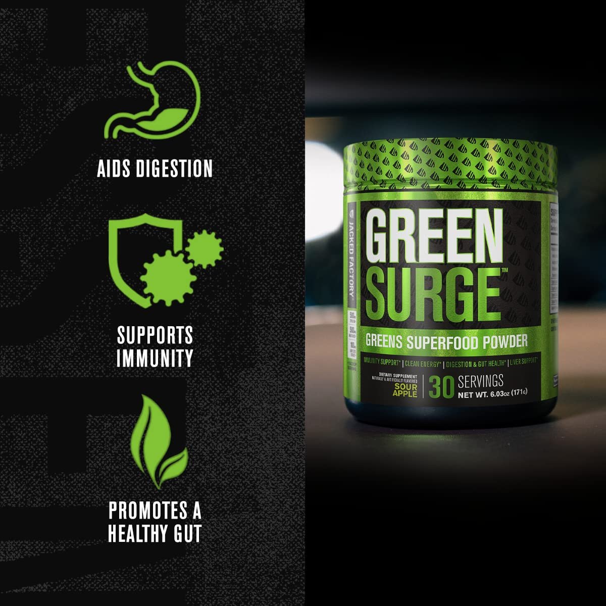 Jacked Factory Green Surge – Grünes Superfood-Pulver mit Spirulina, Weizen- & Gerstengras, Bio-Grüns, Grüntee-Extrakt, Probiotika & Verdauungsenzyme – Sauerapfel, 30 Portionen