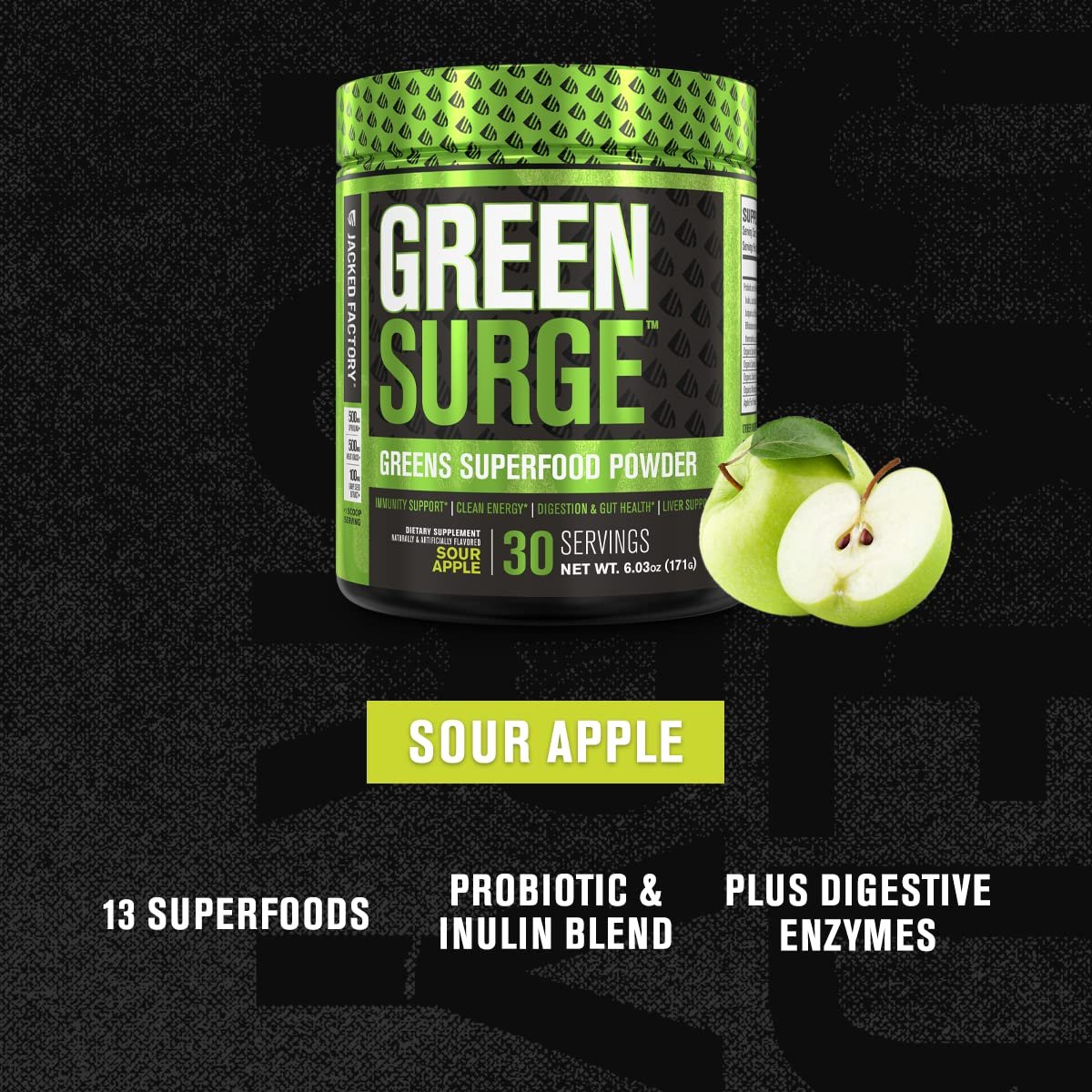 Jacked Factory Green Surge – Grünes Superfood-Pulver mit Spirulina, Weizen- & Gerstengras, Bio-Grüns, Grüntee-Extrakt, Probiotika & Verdauungsenzyme – Sauerapfel, 30 Portionen
