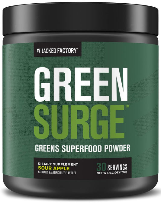 Jacked Factory Green Surge – Grünes Superfood-Pulver mit Spirulina, Weizen- & Gerstengras, Bio-Grüns, Grüntee-Extrakt, Probiotika & Verdauungsenzyme – Sauerapfel, 30 Portionen