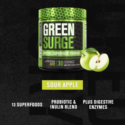 Jacked Factory Green Surge – Grünes Superfood-Pulver mit Spirulina, Weizen- & Gerstengras, Bio-Grüns, Grüntee-Extrakt, Probiotika & Verdauungsenzyme – Sauerapfel, 30 Portionen