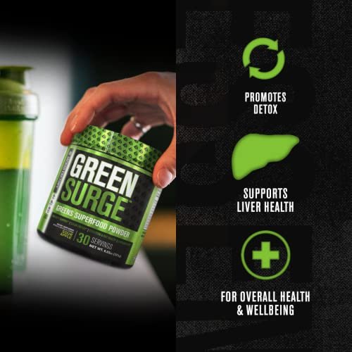 Jacked Factory Green Surge – Grünes Superfood-Pulver mit Spirulina, Weizen- & Gerstengras, Bio-Grüns, Grüntee-Extrakt, Probiotika & Verdauungsenzyme – Sauerapfel, 30 Portionen