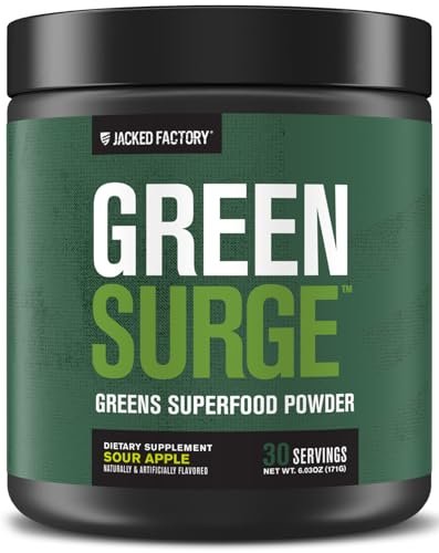 Jacked Factory Green Surge – Grünes Superfood-Pulver mit Spirulina, Weizen- & Gerstengras, Bio-Grüns, Grüntee-Extrakt, Probiotika & Verdauungsenzyme – Sauerapfel, 30 Portionen