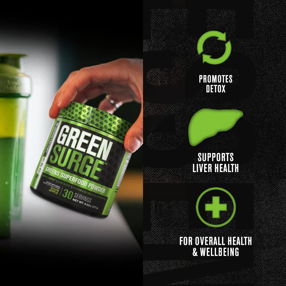 Jacked Factory Green Surge – Grünes Superfood-Pulver mit Spirulina, Weizen- & Gerstengras, Bio-Grüns, Grüntee-Extrakt, Probiotika & Verdauungsenzyme – Sauerapfel, 30 Portionen