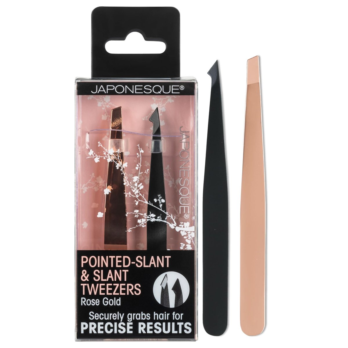 JAPONESQUE Spitz-Schräg & Schräg Pinzetten, 2er-Pack für Augenbrauenpflege, Gesichtshaarentfernung, Roségold und Schwarz, Edelstahl
