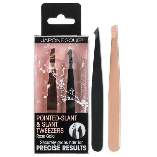 JAPONESQUE Spitz-Schräg & Schräg Pinzetten, 2er-Pack für Augenbrauenpflege, Gesichtshaarentfernung, Roségold und Schwarz, Edelstahl