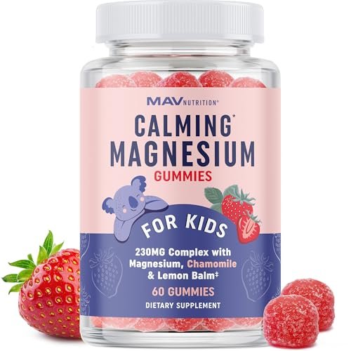 MAV NUTRITION Magnesium Calming Gummies für Kinder | Erdbeer | Entspannung & natürliche Schlaf-Wach-Rhythmen | mit Kamille & Zitronenmelisse | Non-GMO, glutenfrei | 60 Gummibärchen
