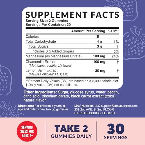 MAV NUTRITION Magnesium Calming Gummies für Kinder | Erdbeer | Entspannung & natürliche Schlaf-Wach-Rhythmen | mit Kamille & Zitronenmelisse | Non-GMO, glutenfrei | 60 Gummibärchen