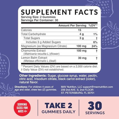 MAV NUTRITION Magnesium Calming Gummies für Kinder | Erdbeer | Entspannung & natürliche Schlaf-Wach-Rhythmen | mit Kamille & Zitronenmelisse | Non-GMO, glutenfrei | 60 Gummibärchen