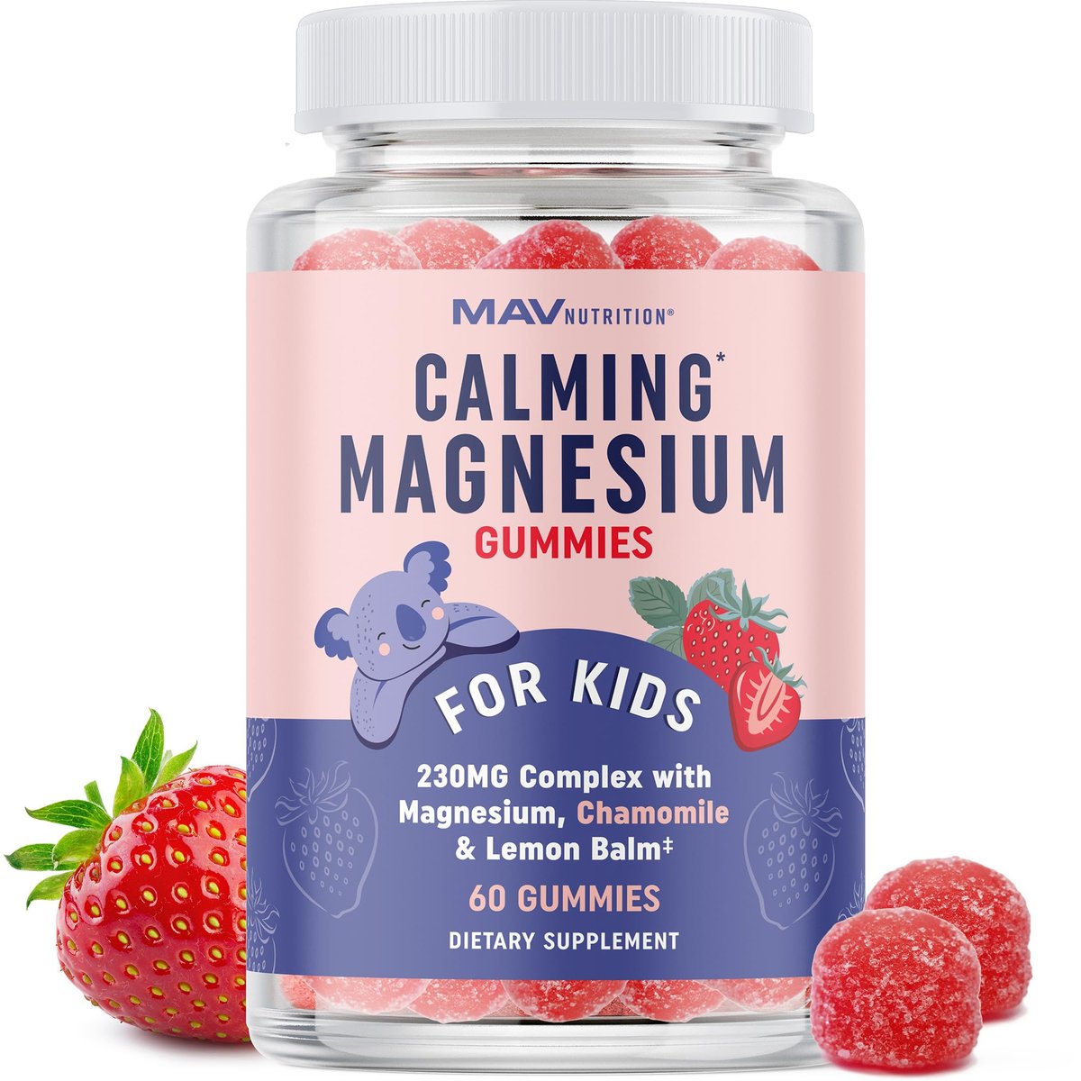 MAV NUTRITION Magnesium Calming Gummies für Kinder | Erdbeer | Entspannung & natürliche Schlaf-Wach-Rhythmen | mit Kamille & Zitronenmelisse | Non-GMO, glutenfrei | 60 Gummibärchen