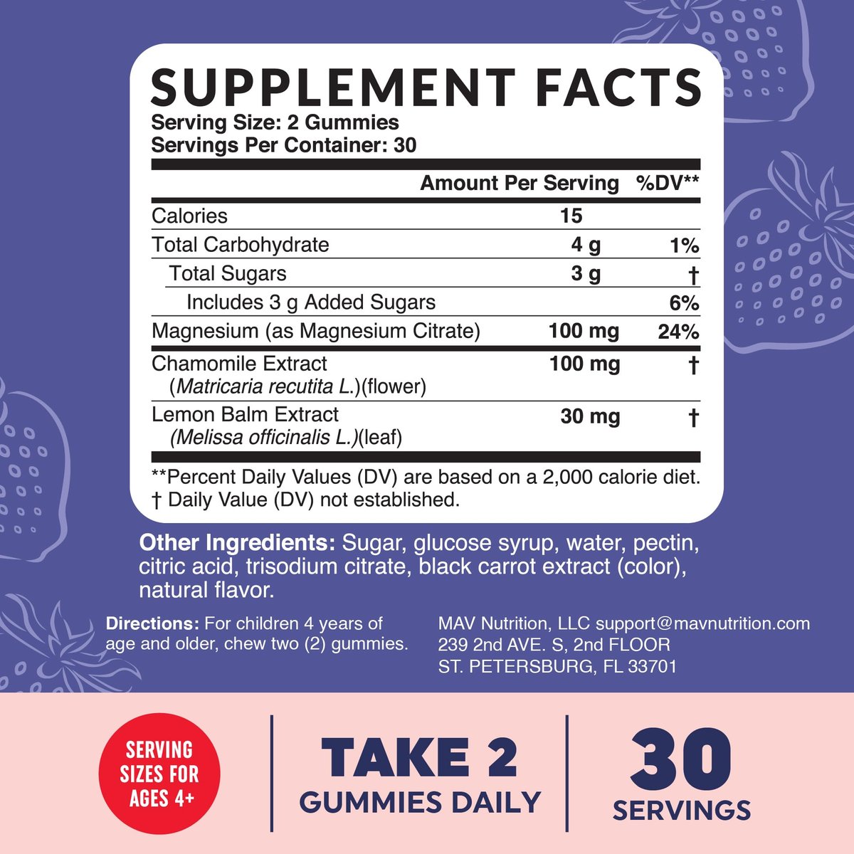 MAV NUTRITION Magnesium Calming Gummies für Kinder | Erdbeer | Entspannung & natürliche Schlaf-Wach-Rhythmen | mit Kamille & Zitronenmelisse | Non-GMO, glutenfrei | 60 Gummibärchen
