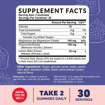 MAV NUTRITION Magnesium Calming Gummies für Kinder | Erdbeer | Entspannung & natürliche Schlaf-Wach-Rhythmen | mit Kamille & Zitronenmelisse | Non-GMO, glutenfrei | 60 Gummibärchen