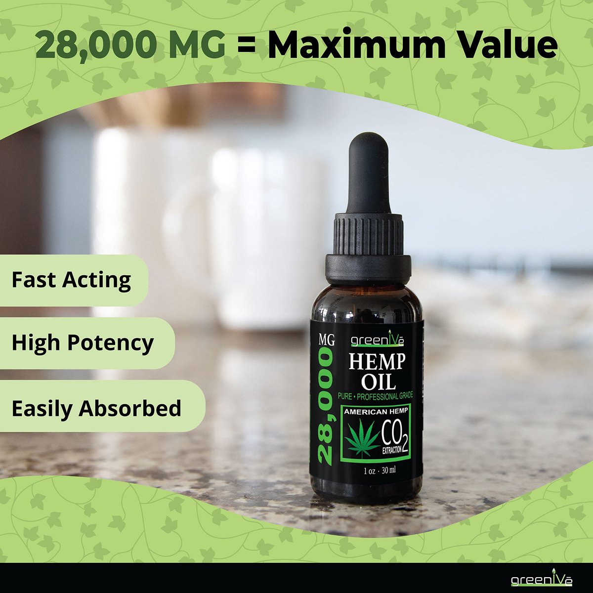 GreenIVe Hanföl Tropfen 28.000 mg pro Flasche – Natürlich angebaut, vegan, reich an Omega-Fettsäuren – Premium Hanföl Pipette – Nicht-GVO, hergestellt in den USA – 30 ml (1 Packung)