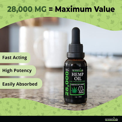 GreenIVe Hanföl Tropfen 28.000 mg pro Flasche – Natürlich angebaut, vegan, reich an Omega-Fettsäuren – Premium Hanföl Pipette – Nicht-GVO, hergestellt in den USA – 30 ml (1 Packung)