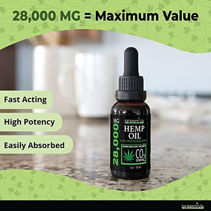 GreenIVe Hanföl Tropfen 28.000 mg pro Flasche – Natürlich angebaut, vegan, reich an Omega-Fettsäuren – Premium Hanföl Pipette – Nicht-GVO, hergestellt in den USA – 30 ml (1 Packung)