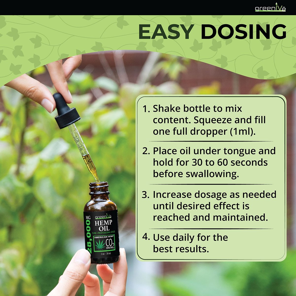 GreenIVe Hanföl Tropfen 28.000 mg pro Flasche – Natürlich angebaut, vegan, reich an Omega-Fettsäuren – Premium Hanföl Pipette – Nicht-GVO, hergestellt in den USA – 30 ml (1 Packung)