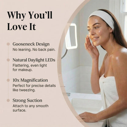 Fancii Flexibler Vergrößerungsspiegel 10x mit LED-Licht und Schwanenhals – Reise-Make-up-Spiegel mit Saugnapf, natürliches Tageslicht-LED, kabellos und tragbar (Mira Plus)