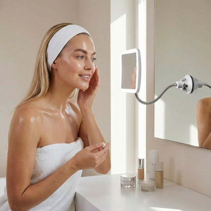 Fancii Flexibler Vergrößerungsspiegel 10x mit LED-Licht und Schwanenhals – Reise-Make-up-Spiegel mit Saugnapf, natürliches Tageslicht-LED, kabellos und tragbar (Mira Plus)
