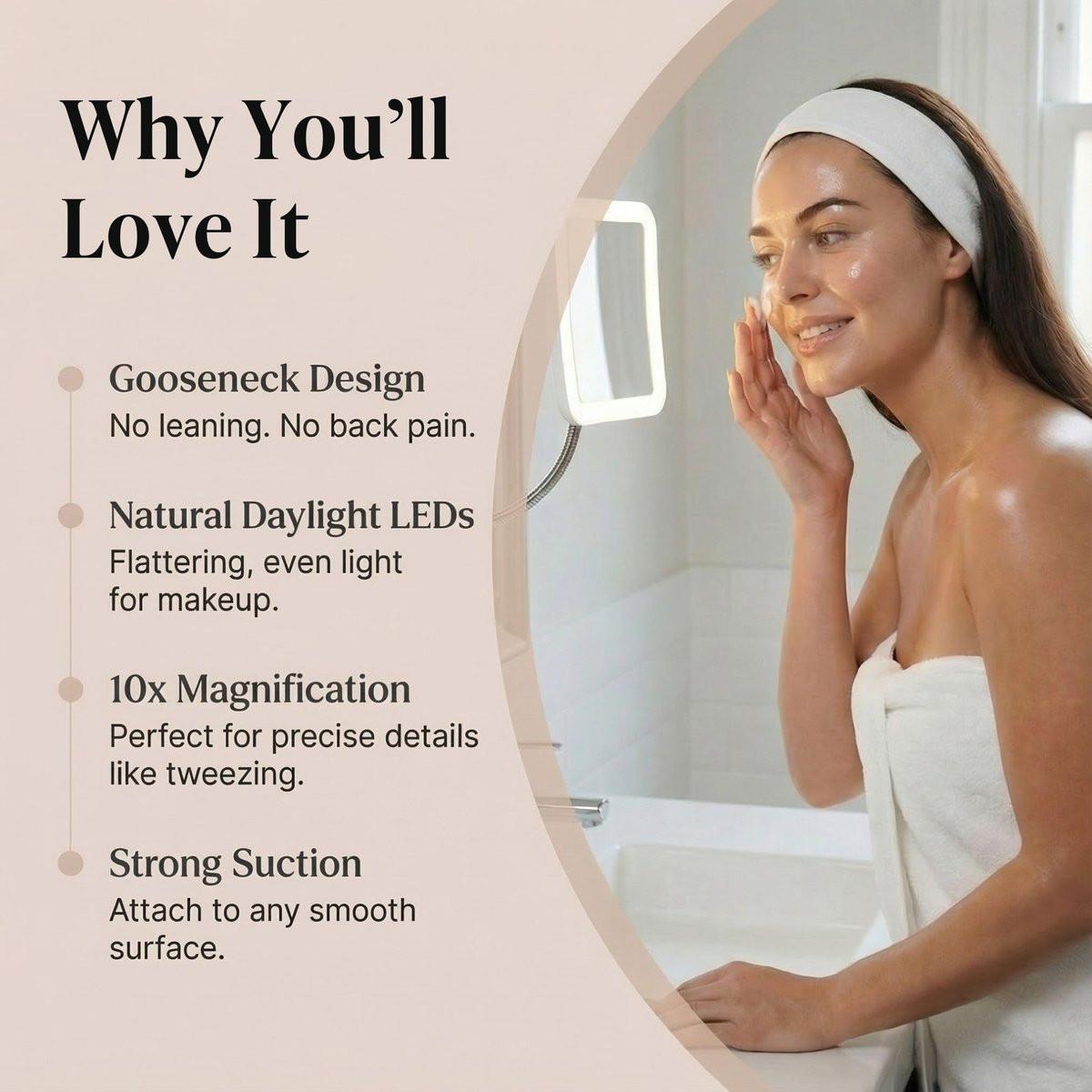 Fancii Flexibler Vergrößerungsspiegel 10x mit LED-Licht und Schwanenhals – Reise-Make-up-Spiegel mit Saugnapf, natürliches Tageslicht-LED, kabellos und tragbar (Mira Plus)