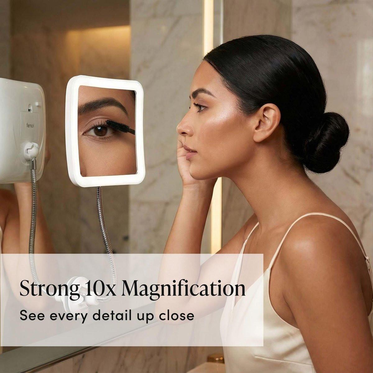 Fancii Flexibler Vergrößerungsspiegel 10x mit LED-Licht und Schwanenhals – Reise-Make-up-Spiegel mit Saugnapf, natürliches Tageslicht-LED, kabellos und tragbar (Mira Plus)