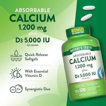 Nature's Truth Absorbierbares Calcium 1200 mg mit Vitamin D3 5000 IE | 120 Softgels | Calciumcarbonat | Non-GMO & glutenfrei