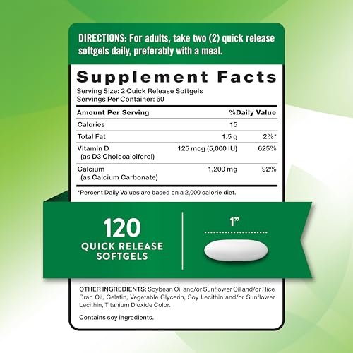 Nature's Truth Absorbierbares Calcium 1200 mg mit Vitamin D3 5000 IE | 120 Softgels | Calciumcarbonat | Non-GMO & glutenfrei