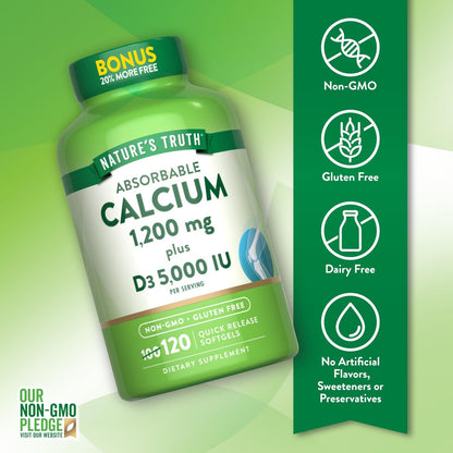 Nature's Truth Absorbierbares Calcium 1200 mg mit Vitamin D3 5000 IE | 120 Softgels | Calciumcarbonat | Non-GMO & glutenfrei