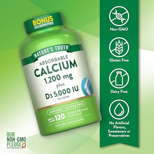 Nature's Truth Absorbierbares Calcium 1200 mg mit Vitamin D3 5000 IE | 120 Softgels | Calciumcarbonat | Non-GMO & glutenfrei