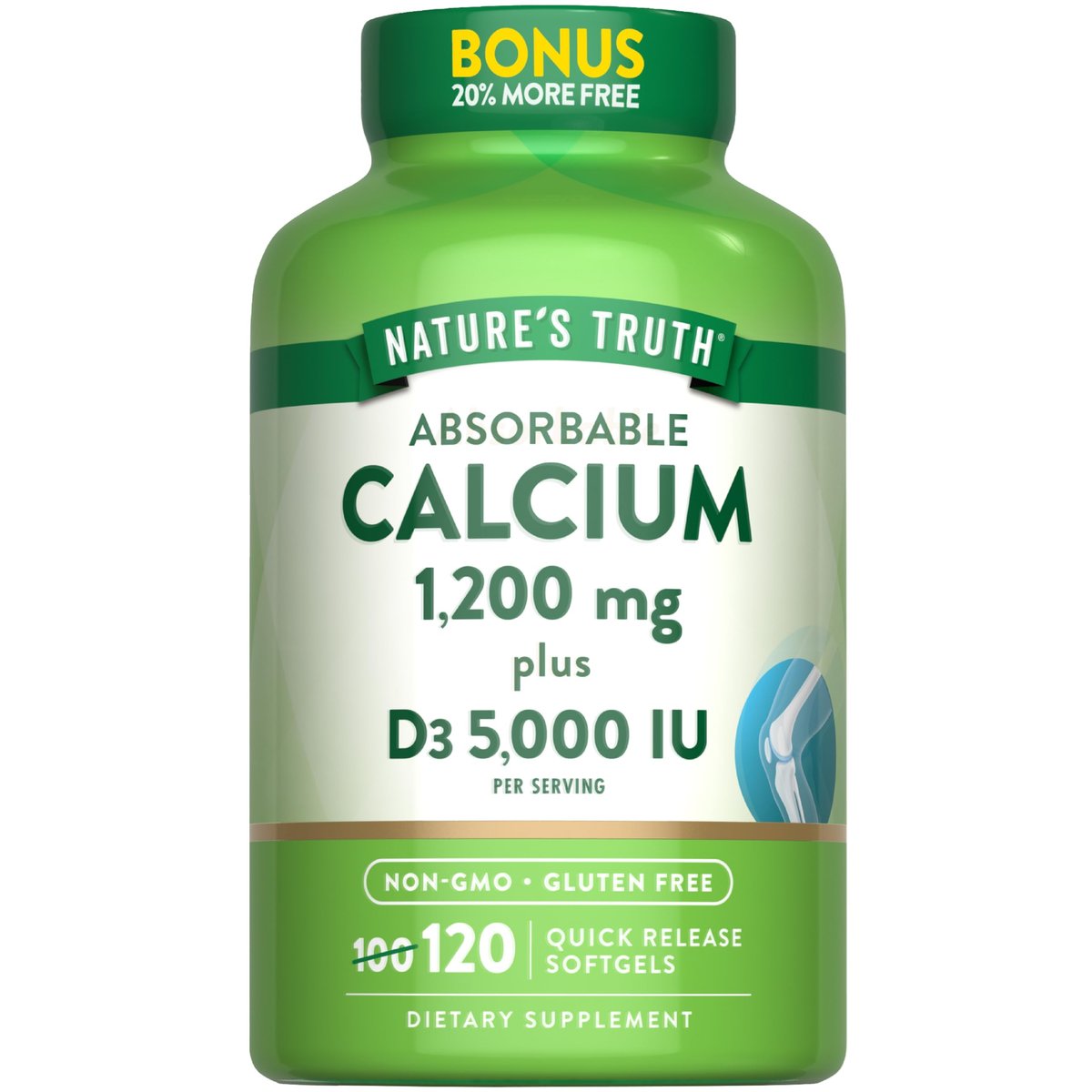 Nature's Truth Absorbierbares Calcium 1200 mg mit Vitamin D3 5000 IE | 120 Softgels | Calciumcarbonat | Non-GMO & glutenfrei