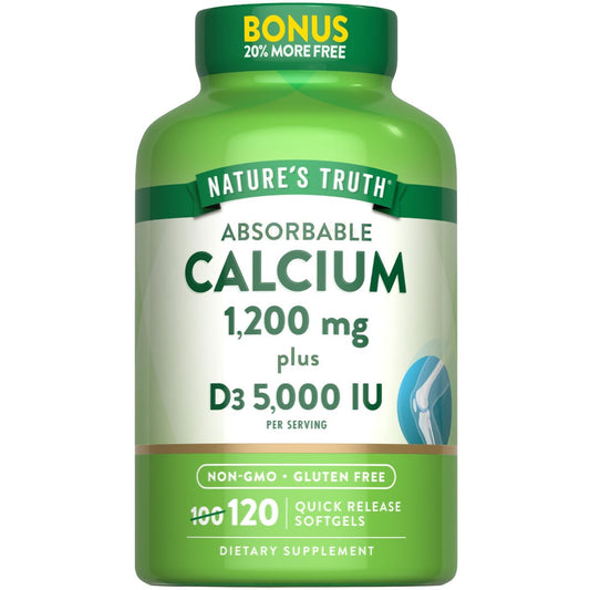 Nature's Truth Absorbierbares Calcium 1200 mg mit Vitamin D3 5000 IE | 120 Softgels | Calciumcarbonat | Non-GMO & glutenfrei